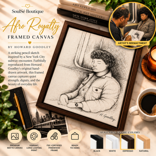Afro Royalty Framed Canvas by Howard Goodley featuring a hand-drawn pencil portrait of a Black woman resting on a NYC subway, displayed in an espresso frame with a circular artist’s reenactment.