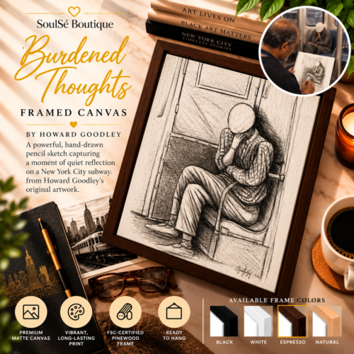 Burdened Thoughts Framed Canvas by Howard Goodley featuring an original pencil sketch of a seated subway passenger in quiet reflection, with a circular artist’s reenactment of Howard sketching the passenger and an espresso wood frame.