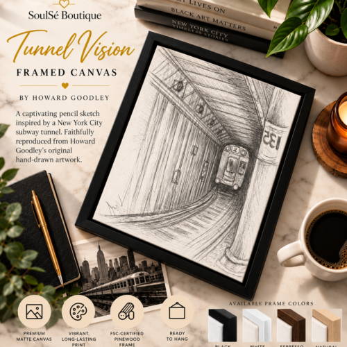 Tunnel Vision Framed Canvas by Howard Goodley featuring a pencil sketch of a New York City subway train approaching through the 135th Street tunnel.