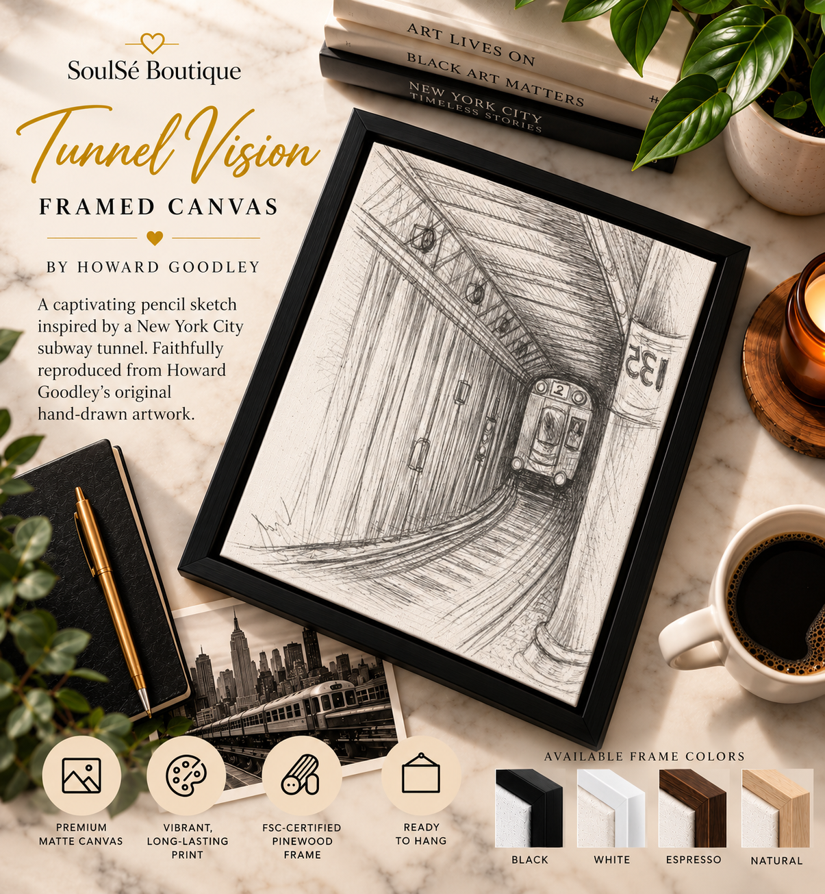 Tunnel Vision Framed Canvas by Howard Goodley featuring a pencil sketch of a New York City subway train approaching through the 135th Street tunnel.