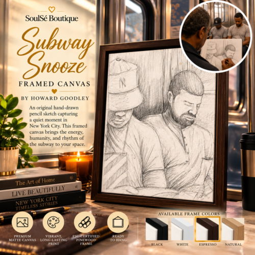 Subway Snooze Framed Canvas by Howard Goodley featuring an original pencil sketch of two sleeping NYC subway
