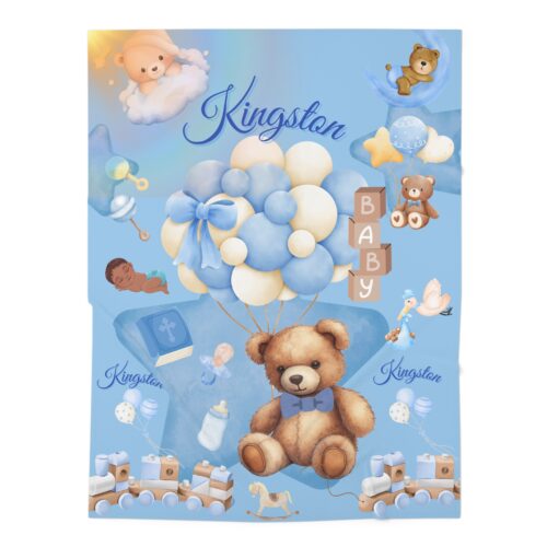 Kingston personalized baby swaddle blanket in soft blue with teddy bear design for nursery