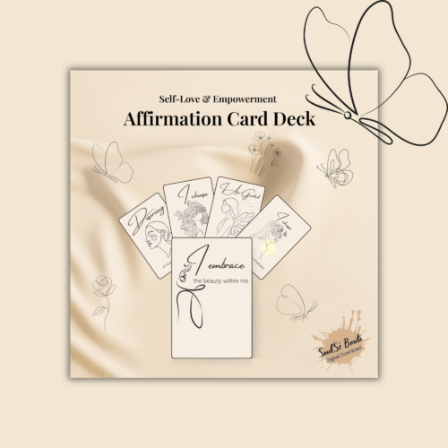 Self Love Affirmation Cards printable deck for women, featuring 30 empowering self-care and positive affirmation cards in an elegant beige design.