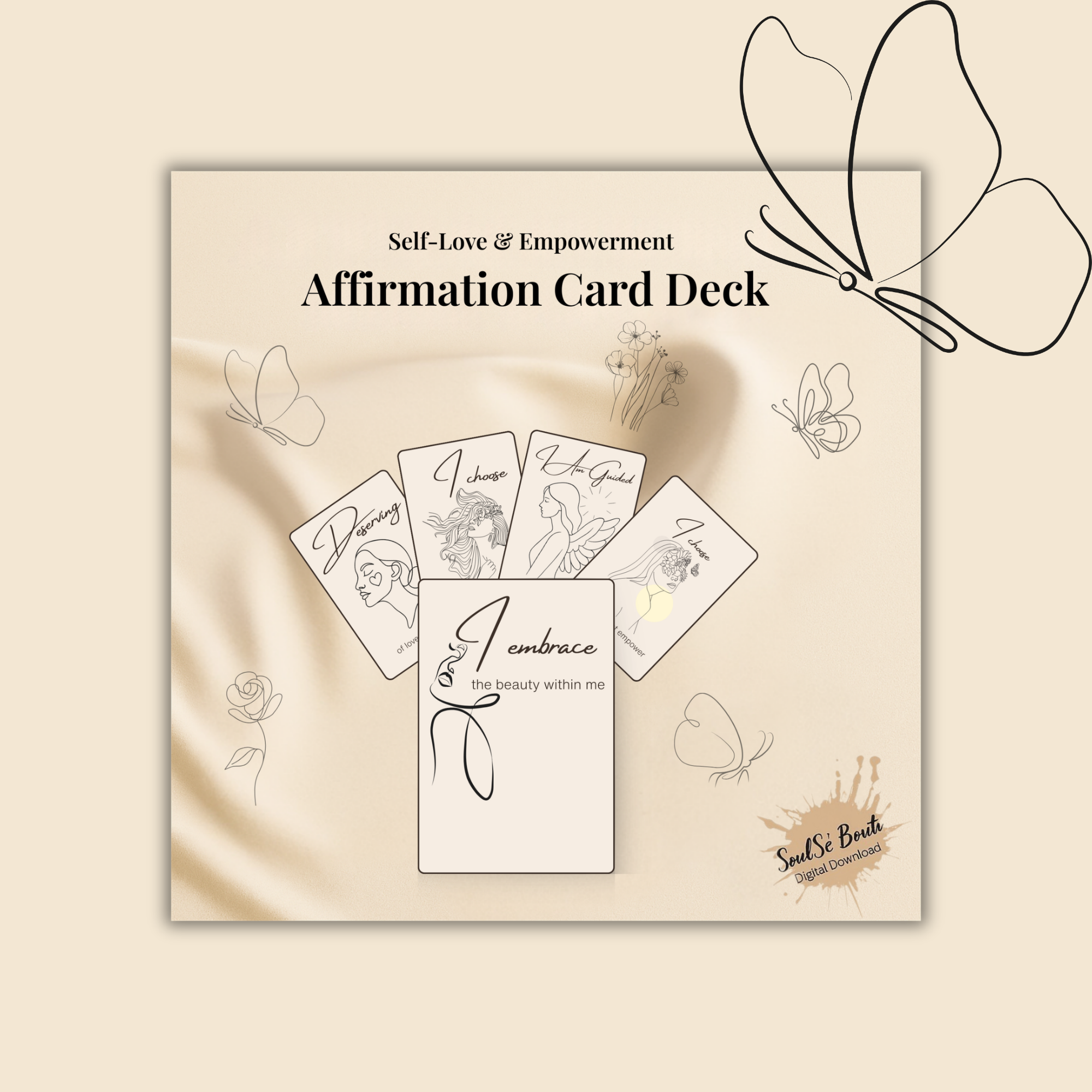 Self Love Affirmation Cards printable deck for women, featuring 30 empowering self-care and positive affirmation cards in an elegant beige design.