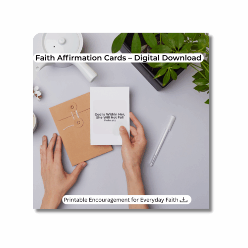 Top-down photo of a printable Christian affirmation card beside a kraft envelope, plants, and a pen on a desk; faith digital download mock-up