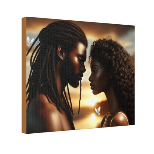 Sunset silhouette couple canvas wall art featuring romantic black love at sunset