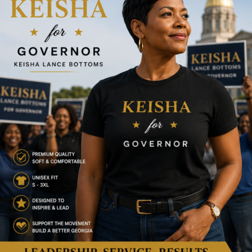 Keisha for Governor T-Shirt on black Bella+Canvas 3001 featuring Leadership Service Results campaign design with Keisha Lance Bottoms