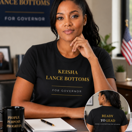 Keisha Lance Bottoms Ready to Lead T-Shirt featuring gold front campaign design and Ready to Lead back graphic on a premium Bella+Canvas 3001 black political campaign shirt.