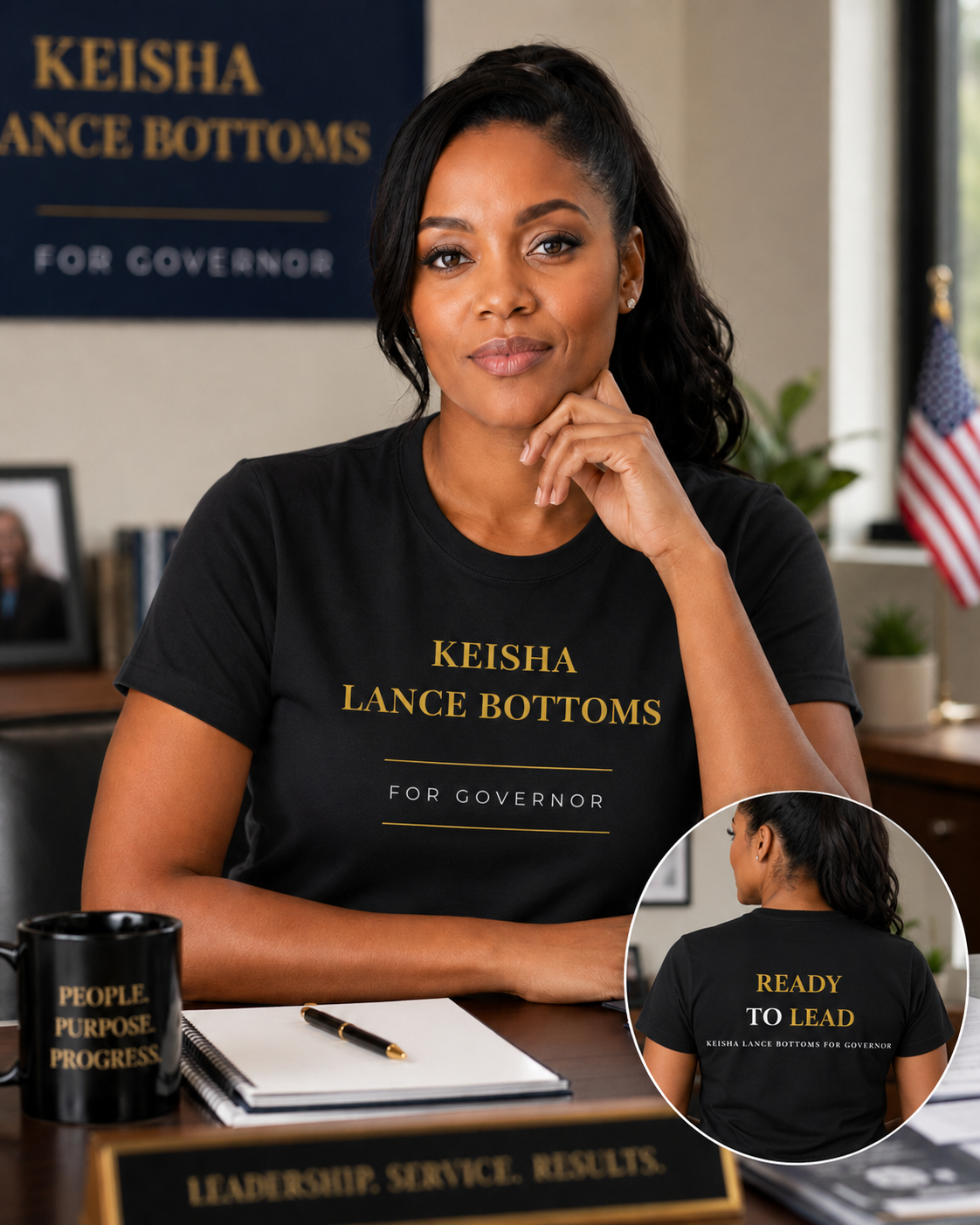 Keisha Lance Bottoms Ready to Lead T-Shirt featuring gold front campaign design and Ready to Lead back graphic on a premium Bella+Canvas 3001 black political campaign shirt.