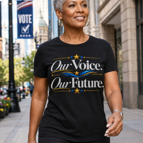 Our Voice Our Future T-Shirt with gold and blue civic statement design modeled on black shirt