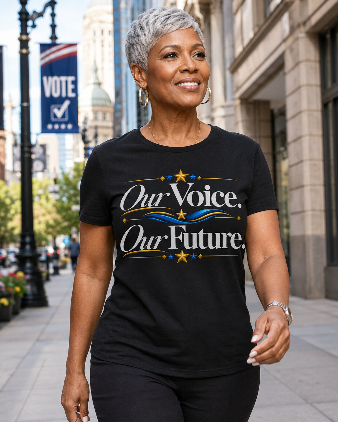 Our Voice Our Future T-Shirt with gold and blue civic statement design modeled on black shirt