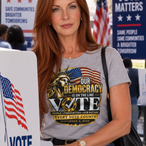 Woman wearing Our Democracy Is on the Line T-Shirt with Every Vote Counts design