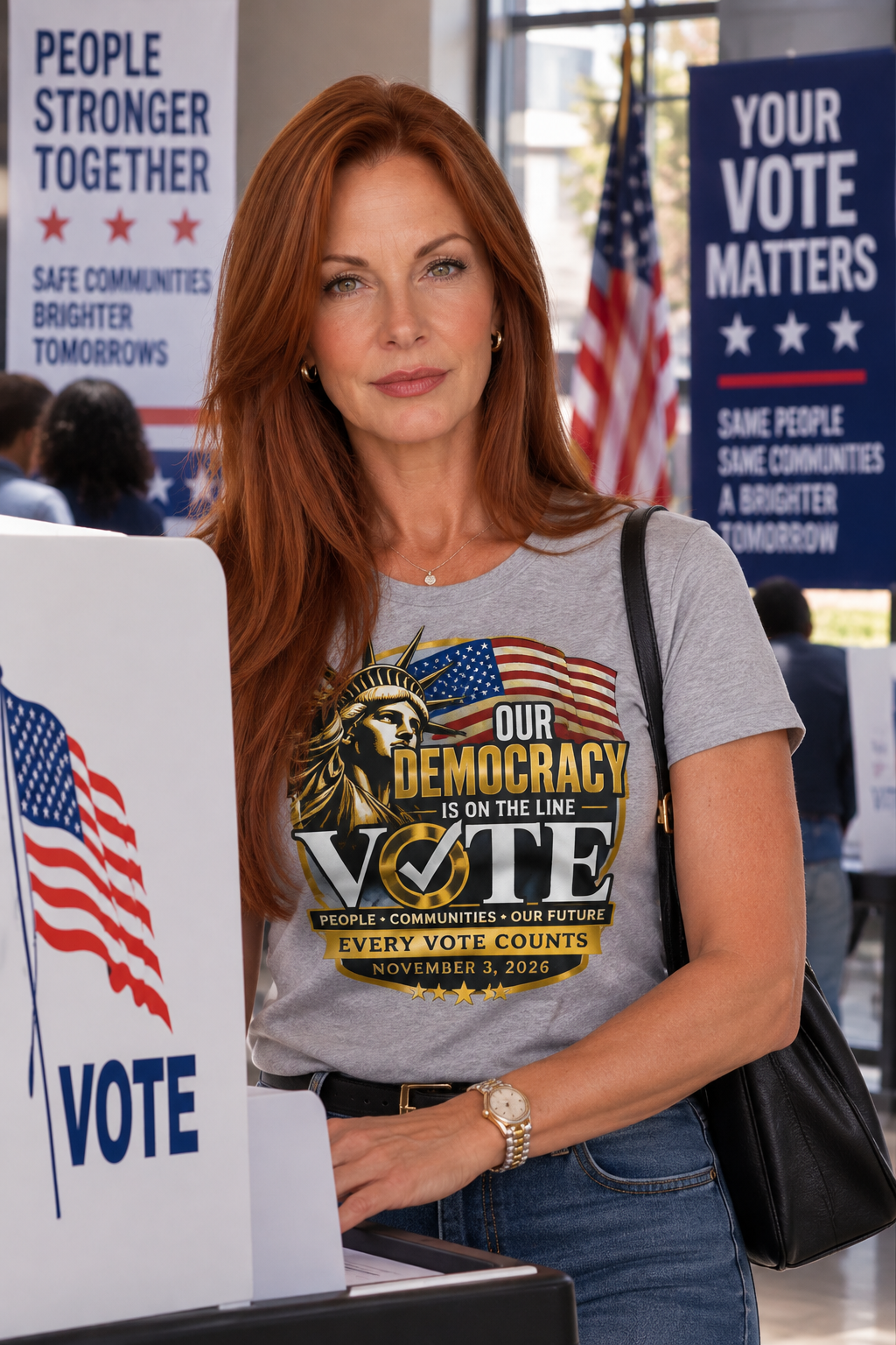 Woman wearing Our Democracy Is on the Line T-Shirt with Every Vote Counts design