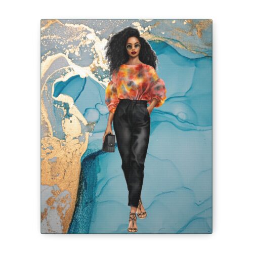 Turquoise Black Woman Canvas Art featuring Aaliyah with natural curls, colorful blouse, and gold accents
