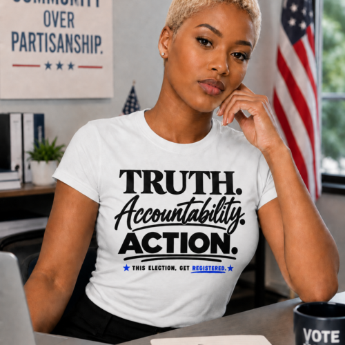 Truth Accountability Action T-Shirt modeled in white featuring bold black typography and blue accents