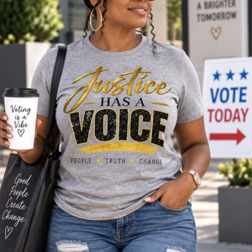 Justice Has a Voice T-Shirt modeled in gray with gold and black statement lettering