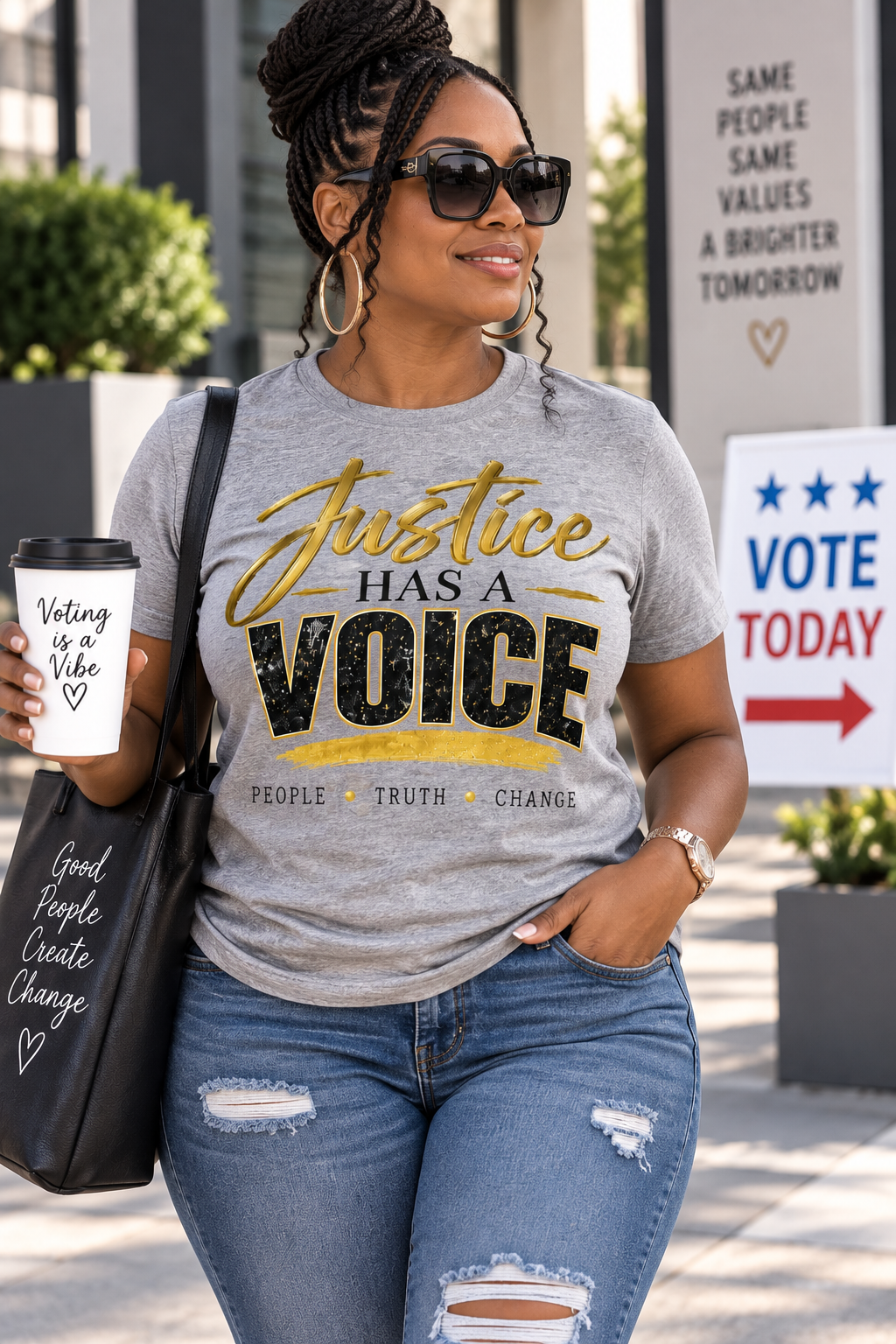 Justice Has a Voice T-Shirt modeled in gray with gold and black statement lettering