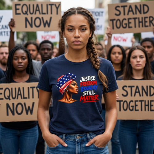 Justice Freedom Equality Still Matter T-Shirt in navy blue featuring illustrated woman with patriotic headwrap and colorful graphic lettering