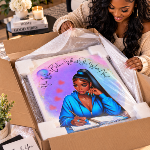 Black woman unboxing You Won’t Believe What She Wrote Next inspirational journaling canvas wall art