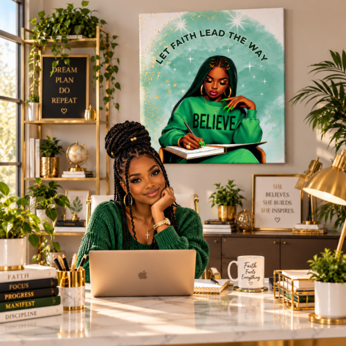 Believe Canvas Wall Art featuring Black woman and Let Faith Lead the Way quote