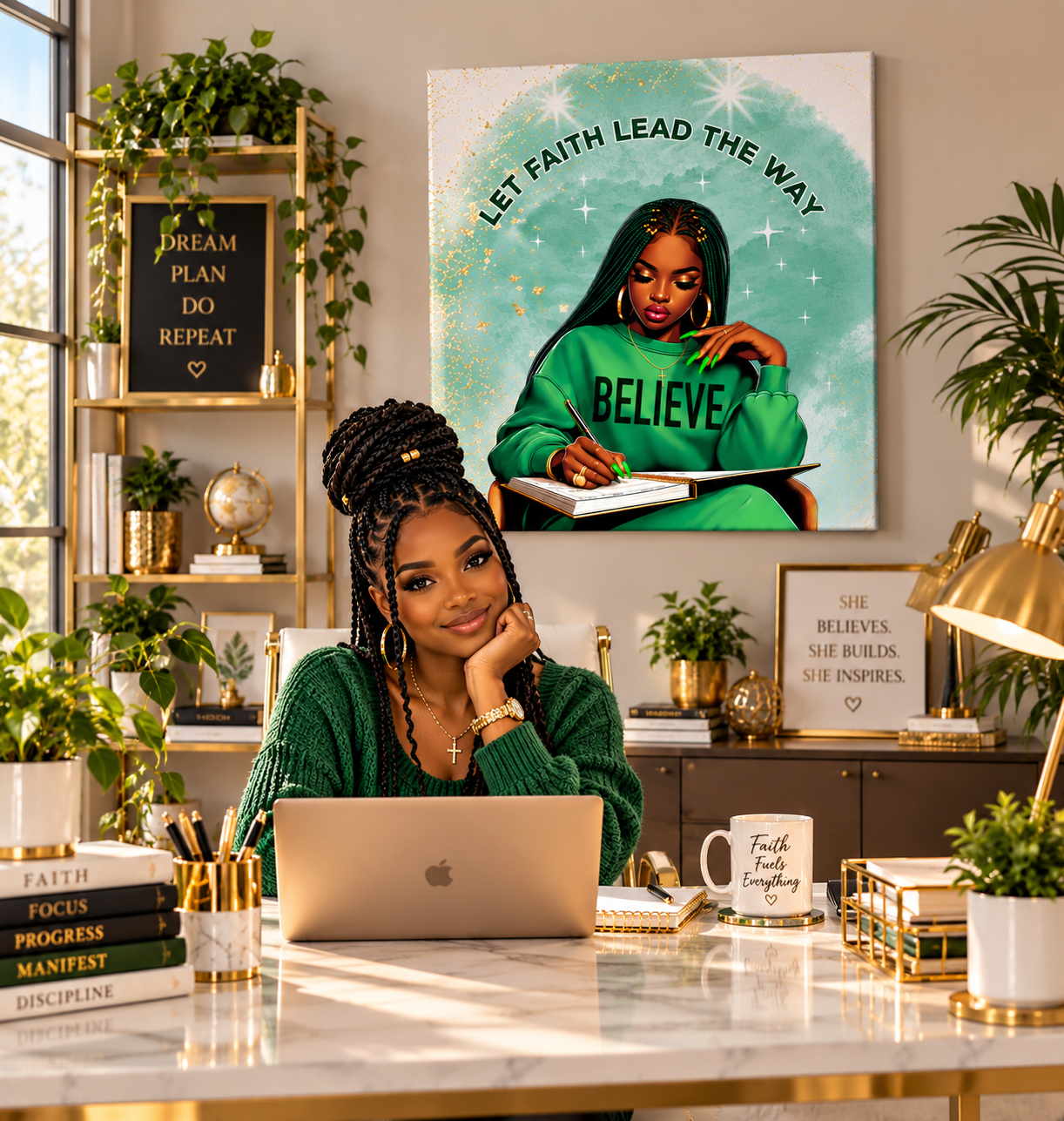 Believe Canvas Wall Art featuring Black woman and Let Faith Lead the Way quote