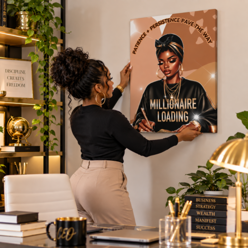Millionaire Loading Canvas Wall Art featuring Simone being displayed in a modern office