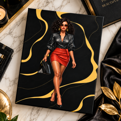Black Queen Canvas Wall Art featuring an elegant Black woman in red and black with gold accents Copy Alt Text