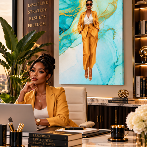 Sade's Golden Confidence Canvas featuring a stylish Black woman in a gold suit against turquoise and gold artwork