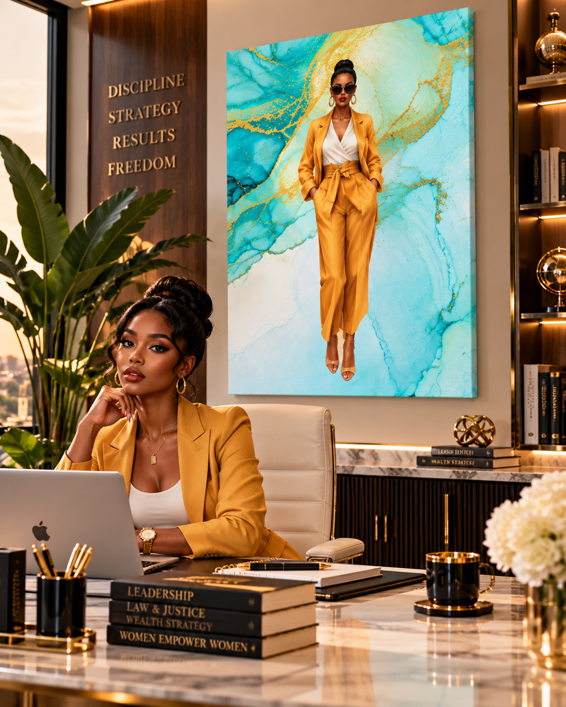 Sade's Golden Confidence Canvas featuring a stylish Black woman in a gold suit against turquoise and gold artwork