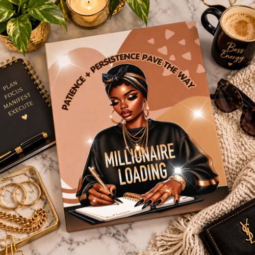 Simone Millionaire Loading Canvas featuring inspirational Black woman artwork in a luxury flat lay with gold accessories, planner, coffee, and elegant decor.