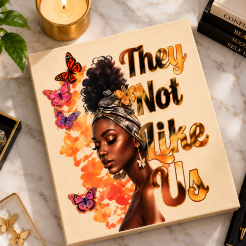 Imani They Not Like Us Canvas featuring a beautiful Black woman wearing a patterned headwrap surrounded by colorful butterflies and elegant gold lettering.