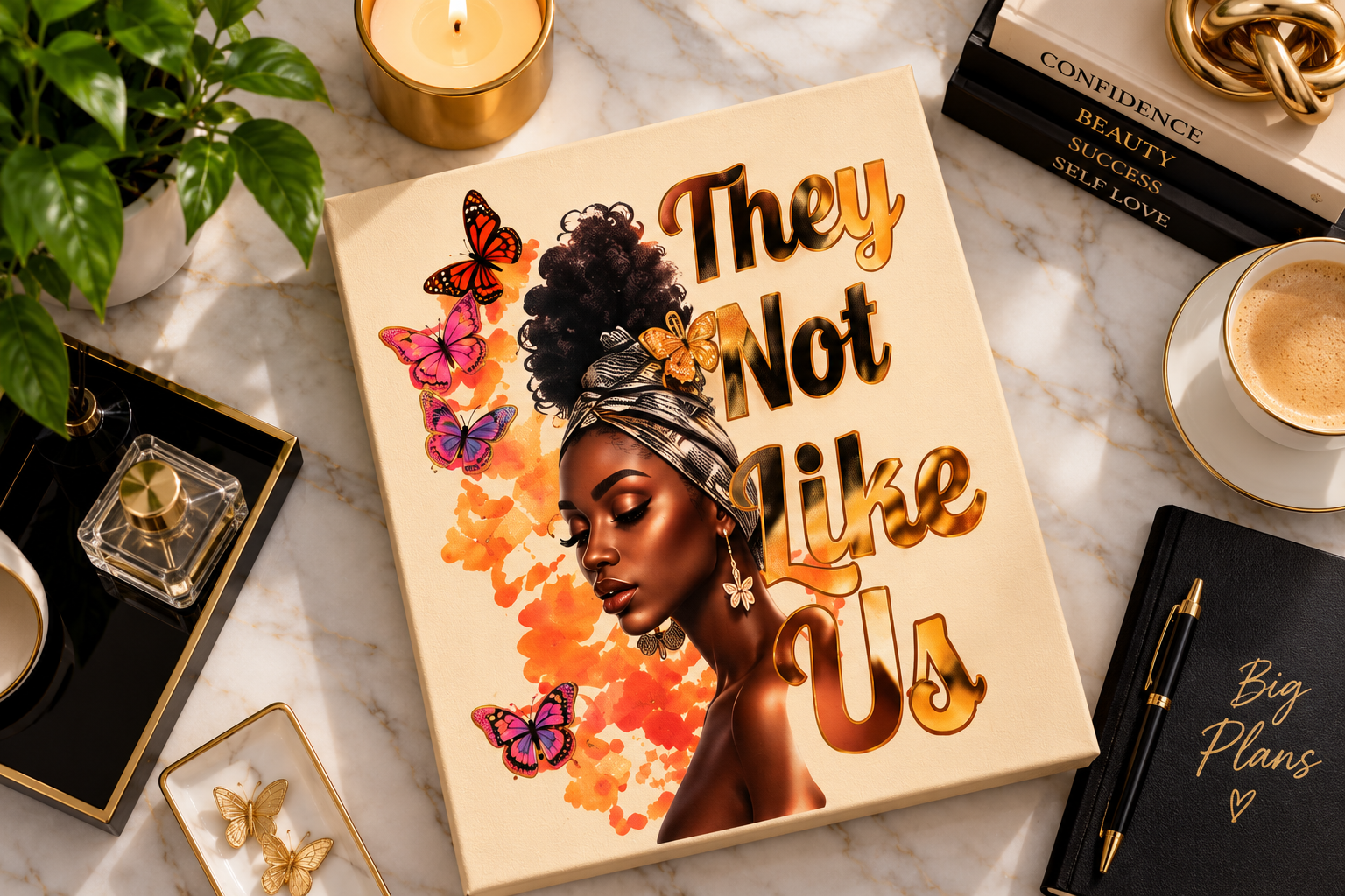 Imani They Not Like Us Canvas featuring a beautiful Black woman wearing a patterned headwrap surrounded by colorful butterflies and elegant gold lettering.