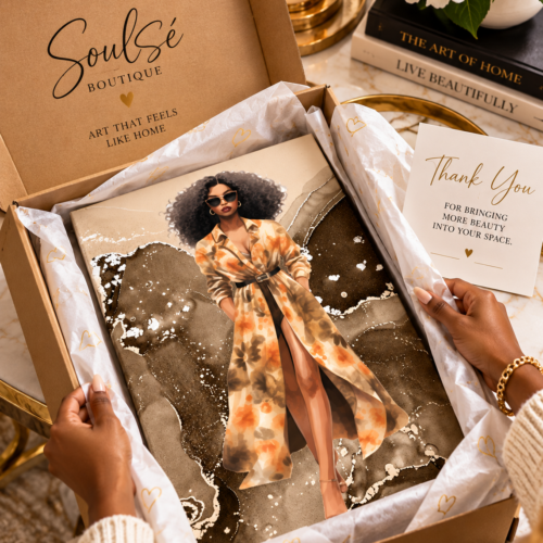 Ayana Effortless Elegance Canvas Wall Art featuring a fashionable Black woman with natural curly hair, sunglasses, and a floral trench coat.