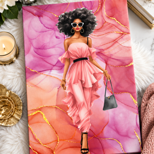 Black Woman Fashion Canvas Wall Art – Brielle Pretty in Pink flat-lay canvas
