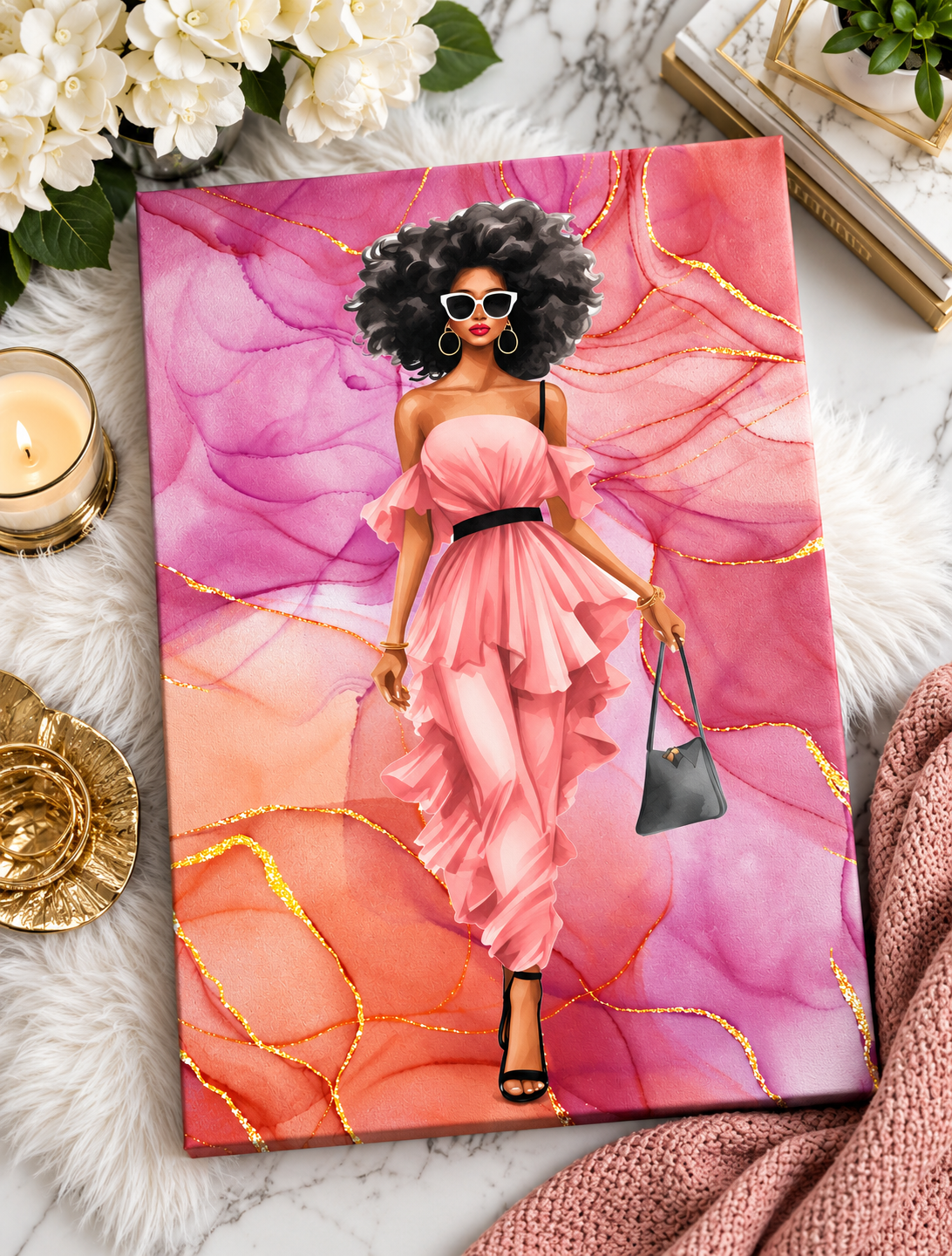 Black Woman Fashion Canvas Wall Art – Brielle Pretty in Pink flat-lay canvas
