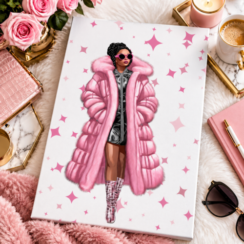 Pretty in Pink Fashion Canvas Wall Art featuring Chanel in a luxurious pink coat and sunglasses