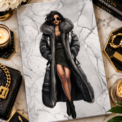 Raven Black Woman Fashion Canvas Wall Art featuring a stylish Black woman wearing a luxurious charcoal coat against a gray marble background