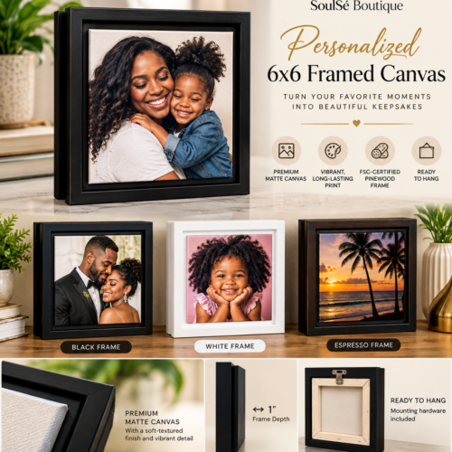 Personalized 6x6 custom framed canvas by SoulSé Boutique featuring family photos, black, white, and espresso frame options, and premium matte canvas details.