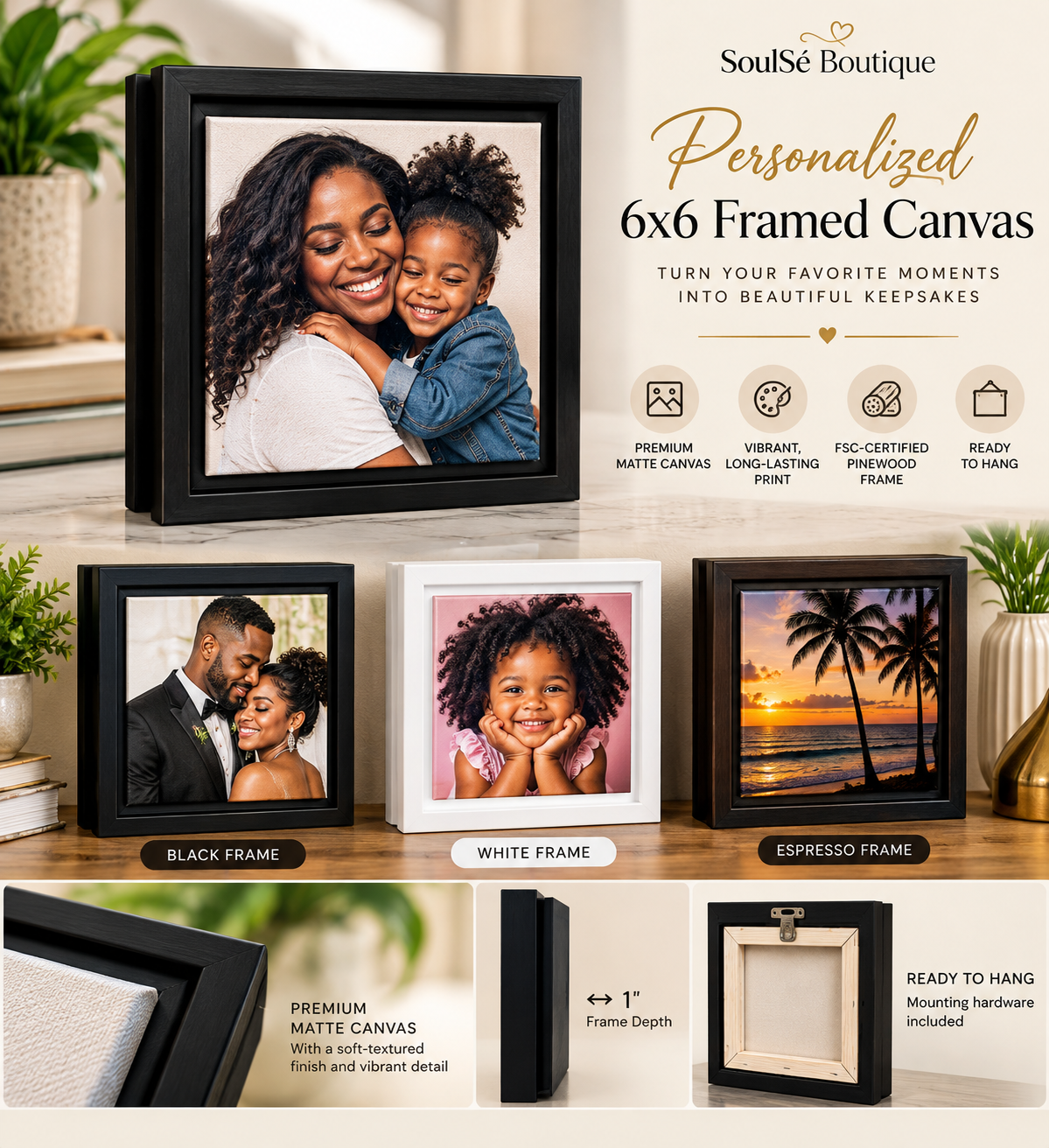Personalized 6x6 custom framed canvas by SoulSé Boutique featuring family photos, black, white, and espresso frame options, and premium matte canvas details.