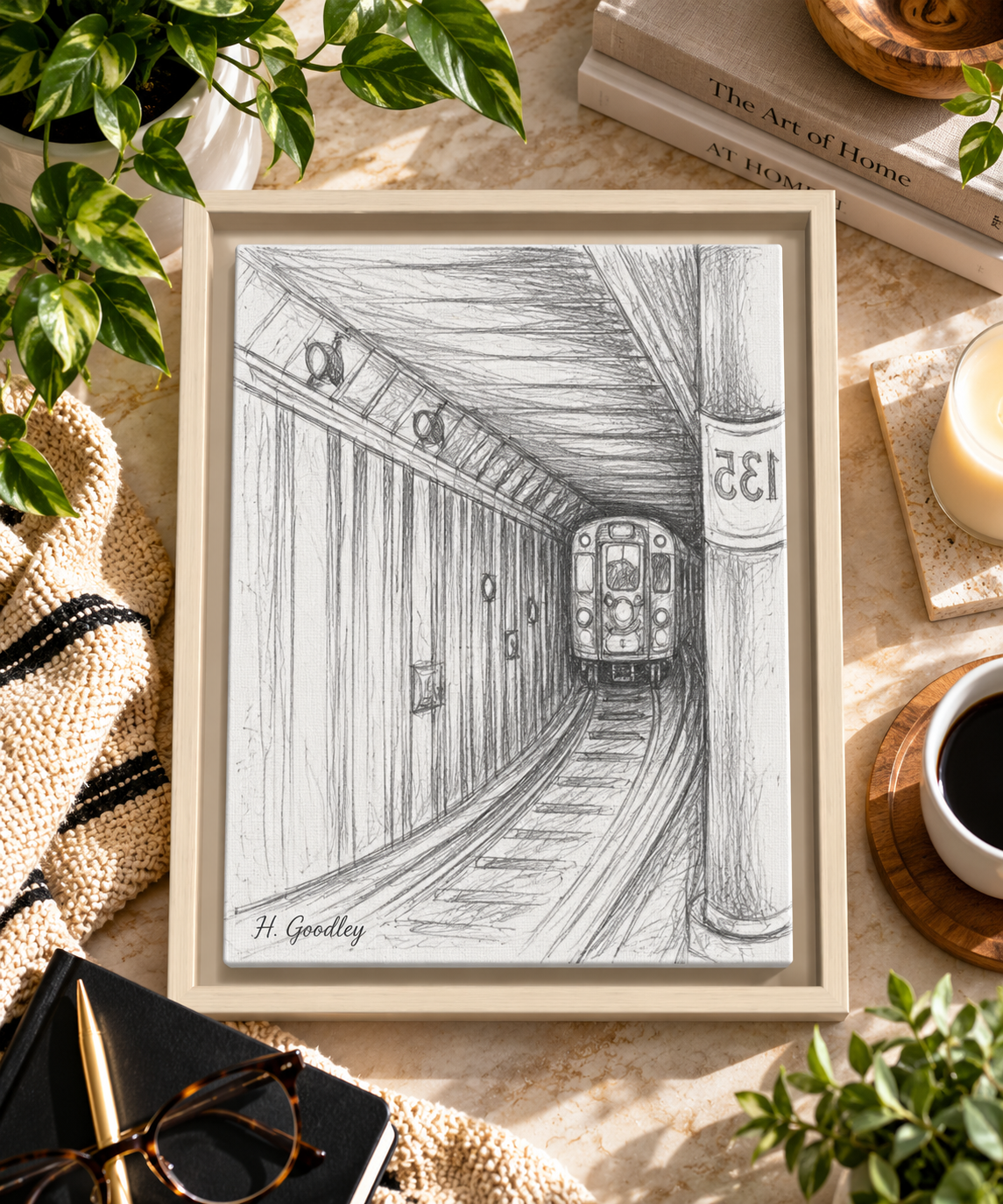 Tunnel Vision Framed Canvas by Howard Goodley featuring a pencil sketch of a New York City subway train approaching through the 135th Street tunnel.