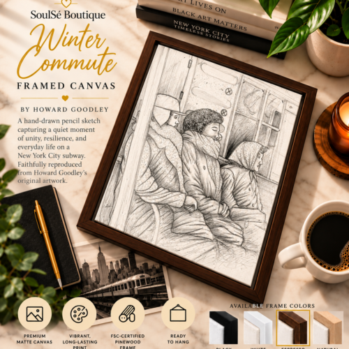 Winter Commute Framed Canvas featuring Howard Goodley's original pencil sketch of three women riding a New York City subway train