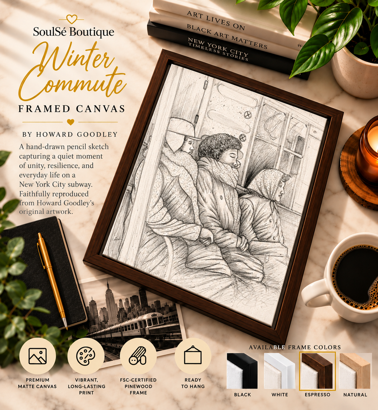 Winter Commute Framed Canvas featuring Howard Goodley's original pencil sketch of three women riding a New York City subway train