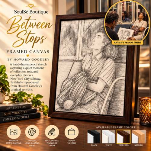 Between Stops Framed Canvas by Howard Goodley featuring an original pencil sketch of a woman resting on a NYC subway, with a circular artist’s reenactment of Howard sketching her and an espresso wood frame.