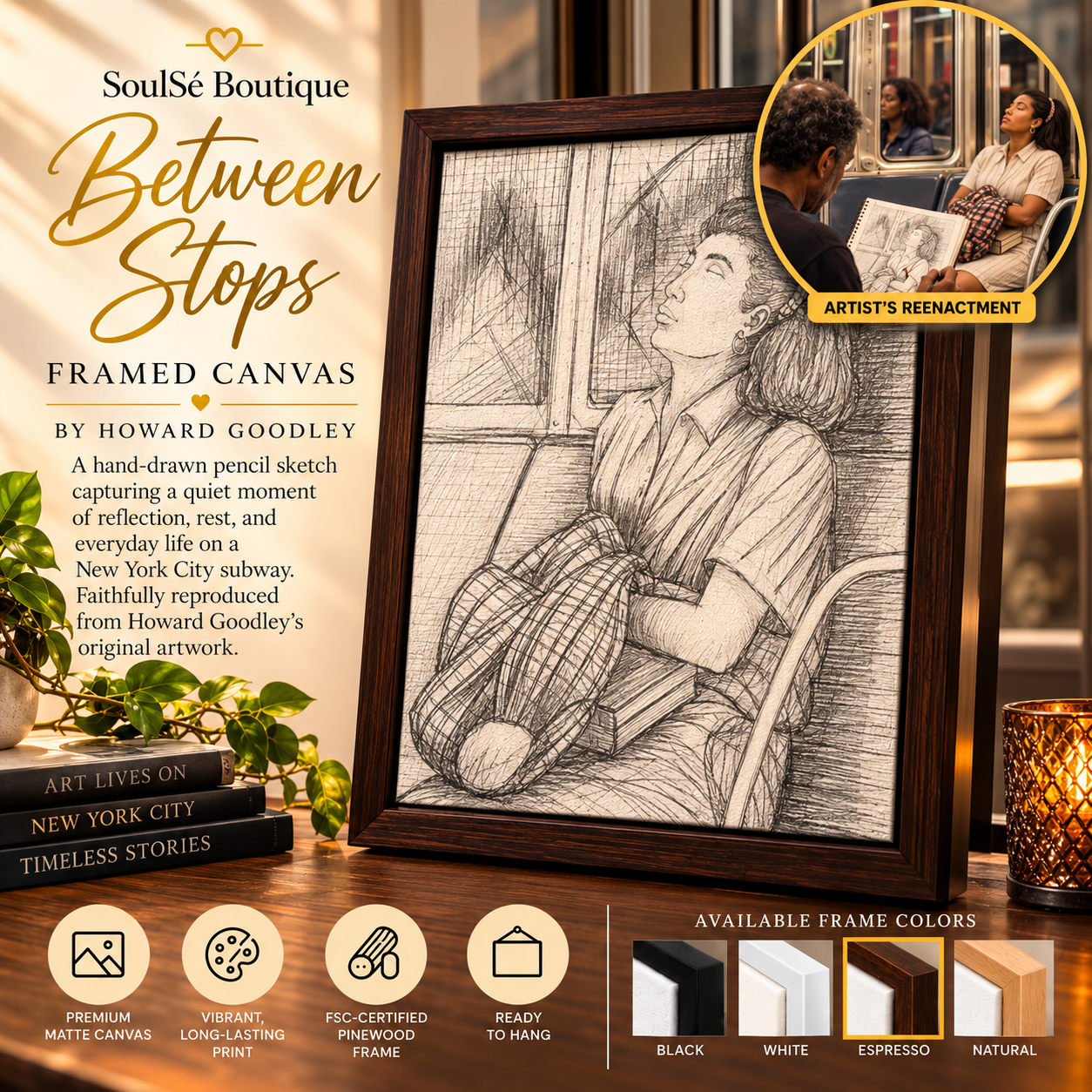 Between Stops Framed Canvas by Howard Goodley featuring an original pencil sketch of a woman resting on a NYC subway, with a circular artist’s reenactment of Howard sketching her and an espresso wood frame.