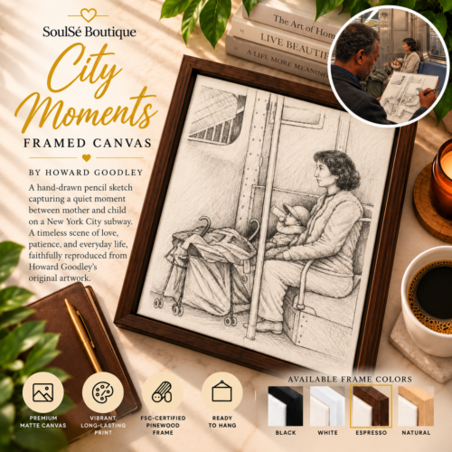 Motherhood in Motion Framed Canvas by Howard Goodley featuring a hand-drawn pencil sketch of a mother and child on a New York City subway, displayed in an espresso wood frame with a circular artistic reenactment of the artist sketching the scene.