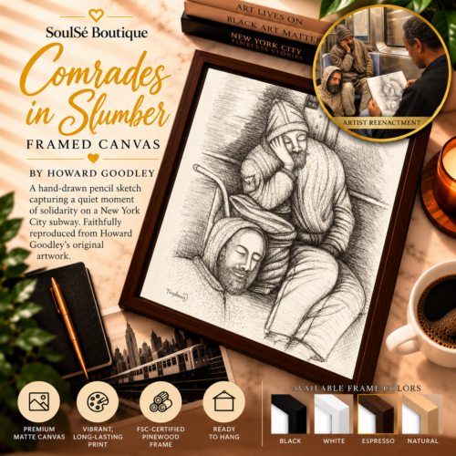 Comrades in Slumber Framed Canvas by Howard Goodley showing two resting men in a detailed black-and-white NYC subway pencil drawing