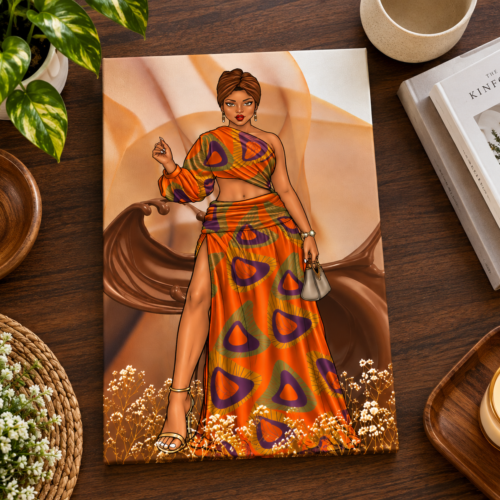 Zuri Bold African Elegance Canvas lying flat on a wooden table with decorative accessories