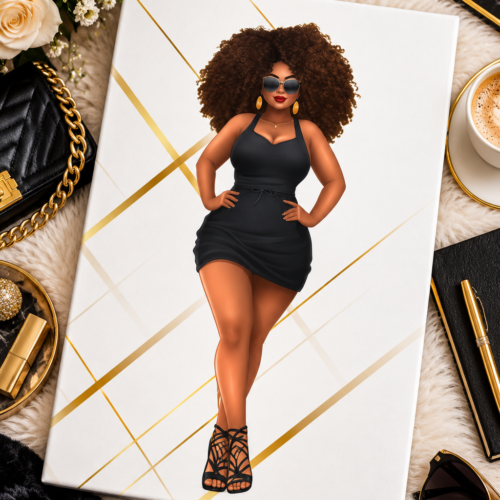 Curvy Black Woman Canvas Wall Art featuring Maya with voluminous natural curls, stylish black dress, sunglasses, and elegant gold accessories.