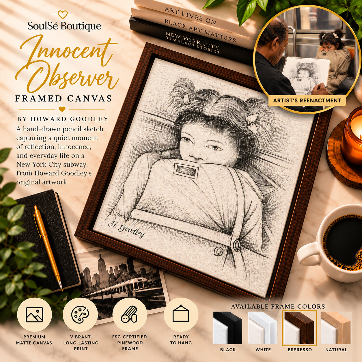 Innocent Observer Framed Canvas by Howard Goodley featuring an original pencil sketch of a young subway passenger, with a circular artist reenactment and espresso wood frame.