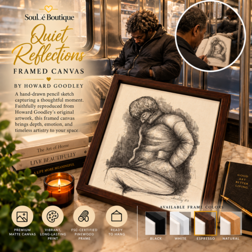 Quiet Reflections Framed Canvas by Howard Goodley, featuring an original hand-drawn pencil sketch of a resting NYC subway passenger, an espresso wood frame, and a circular artistic reenactment of Howard Goodley sketching the passenger aboard the train.
